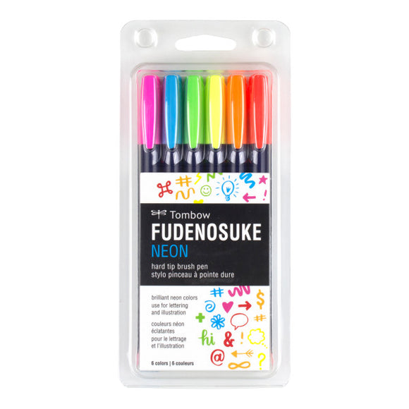 Tombow - Fudenosuke Colored Brush Pen Sets, 6-Pen Neon Set